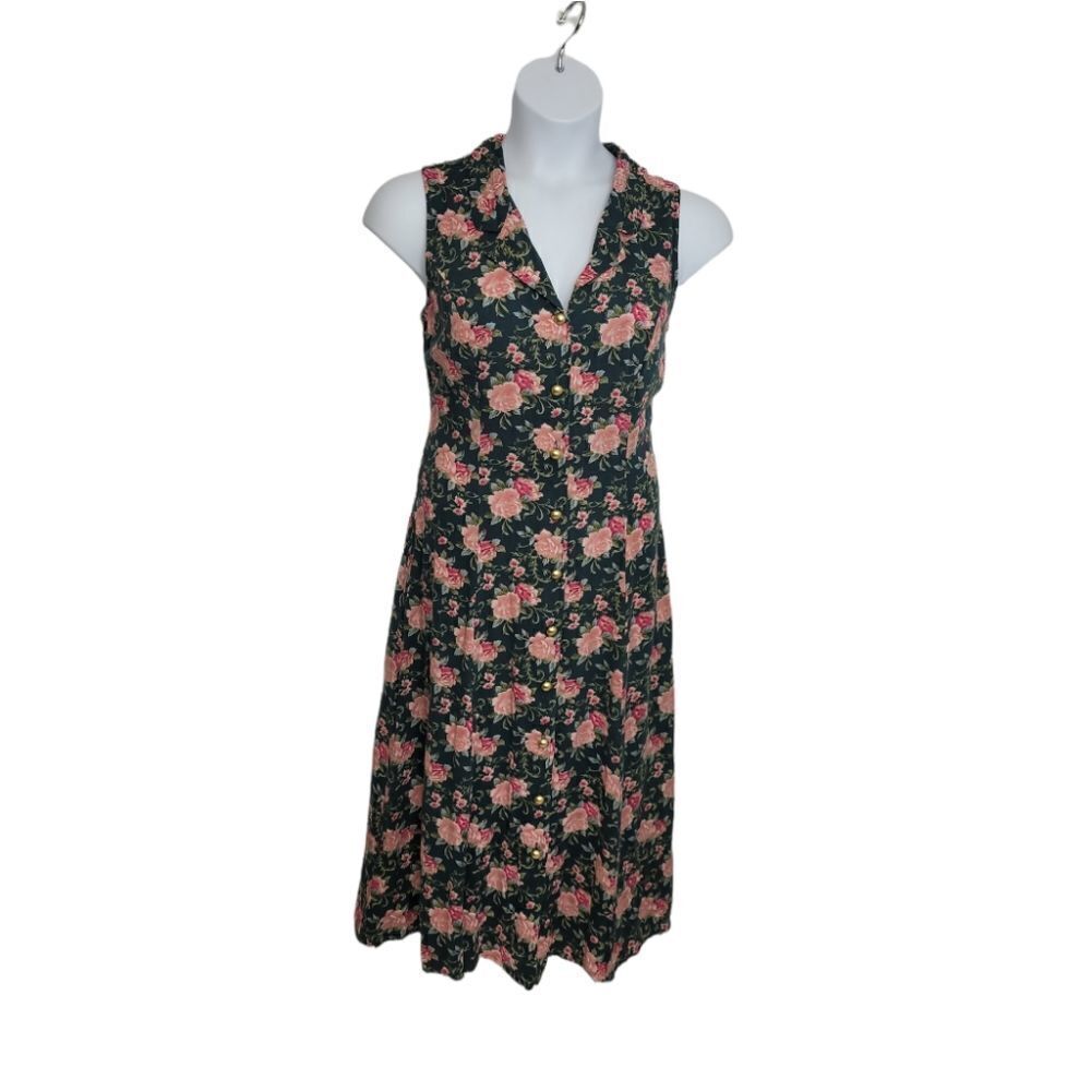 VINTAGE 90s midi dress green floral roses corset lace up back sleeveless M